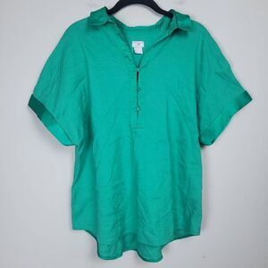Chicos Womens Linen Popover Top Size Large Green Short Sleeve Satin Trim Beachy